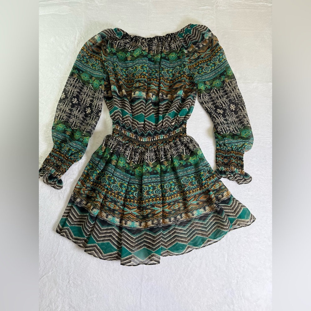 Green Patterned Long Sleeve Smocked Waist Dress - Picture 6 of 6